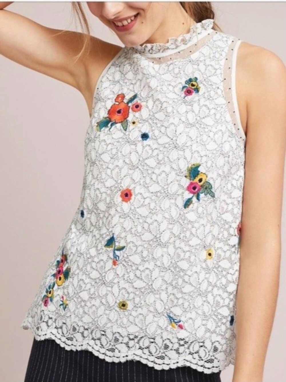 Maeve White Lace Shell with Floral Crochet